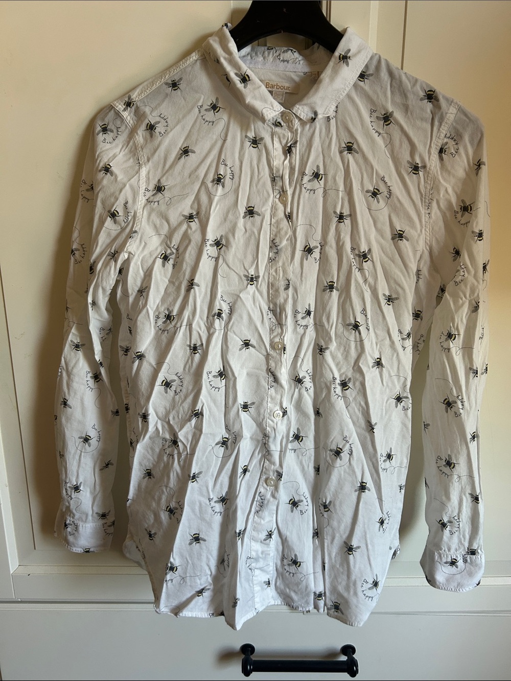 Barbour White Button-Up Shirt with Black & Gold Bee Motif